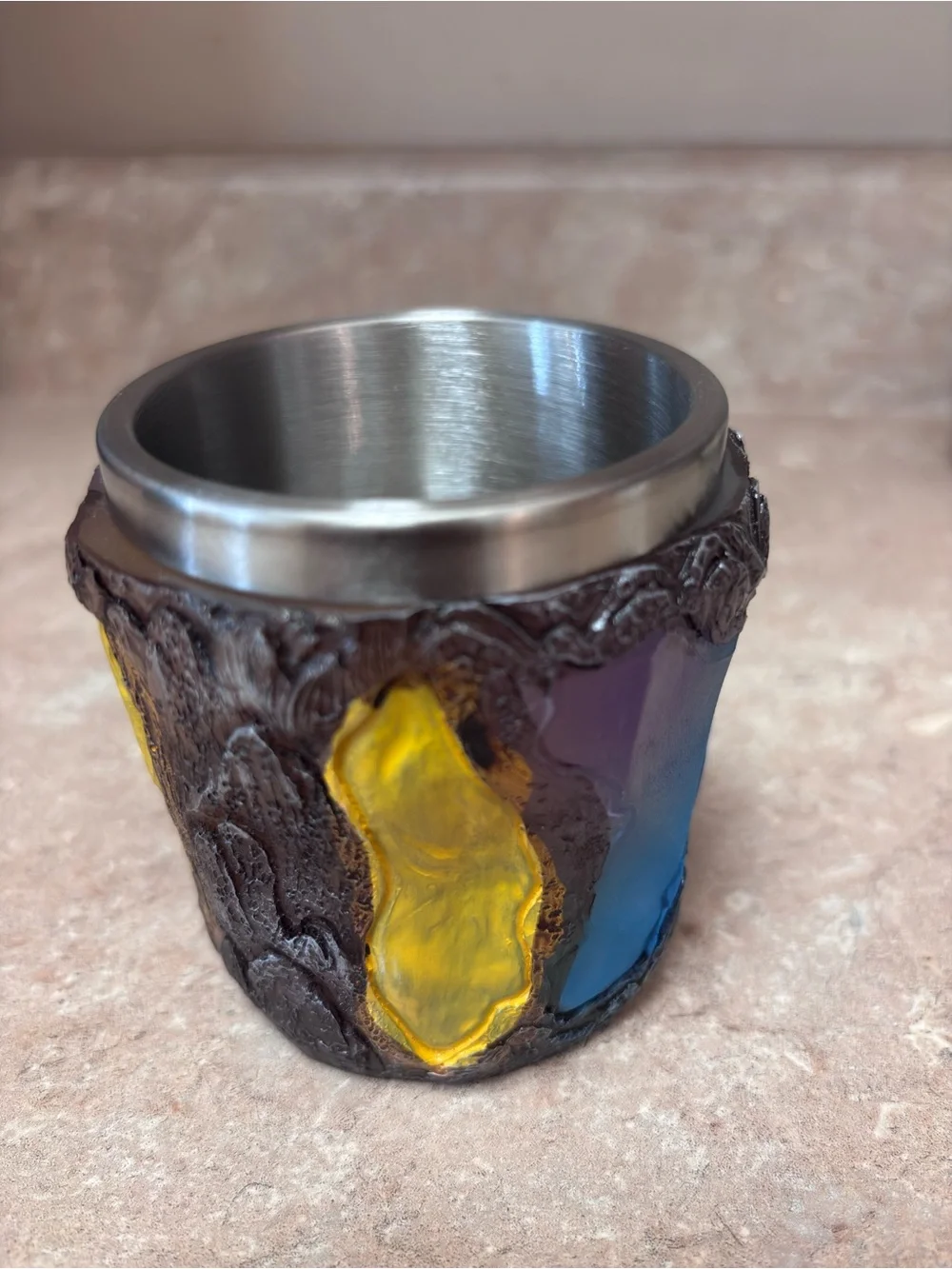 Handcrafted Geode-Style Resin Mug, Stainless Steel Liner –Yellow Blue Agate Look